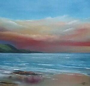 Romance at Keel Bay, Achill Island Oil painting 36 x 12 inches - big sunset sky over restful sea