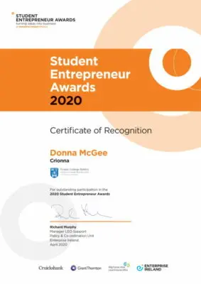 Becoming a future shaper Student Entrepreneur Awards 2020 Cert of Recognition Donna McGee - Creative and Cultural Entrepreneurship