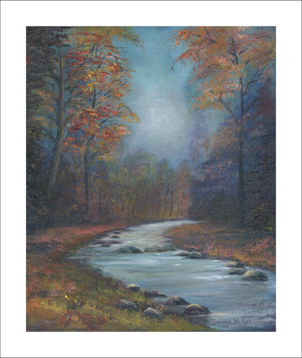 Autumn Glow limited edition print measuring 10x12 inches. An river scene in Wicklow - peaceful