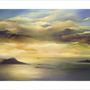 Blasket Islands or Great Blasket Island in Co. Kerry. This is a limited edition print of an original painting with blazing yellow sunset overlooking the blasket islands in Co. Kerry Ireland