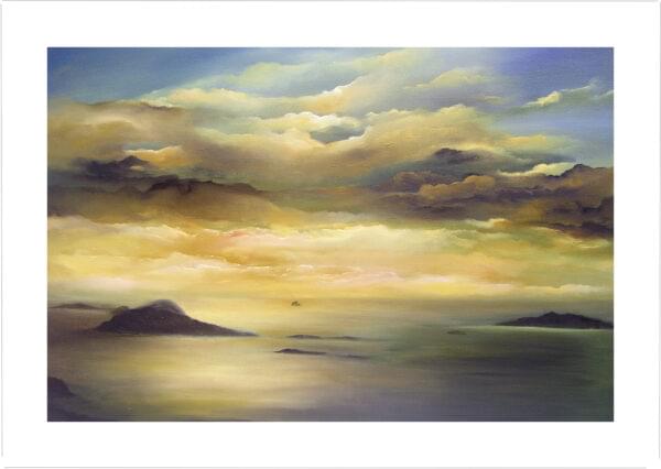 Blasket Islands or Great Blasket Island in Co. Kerry. This is a limited edition print of an original painting with blazing yellow sunset overlooking the blasket islands in Co. Kerry Ireland