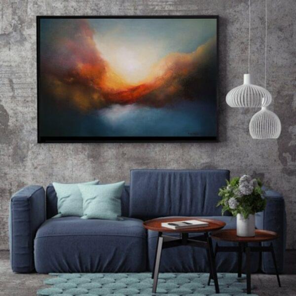 Emerging Worlds Abstract Art 36x24 inches Oil on Block Canvas Room View