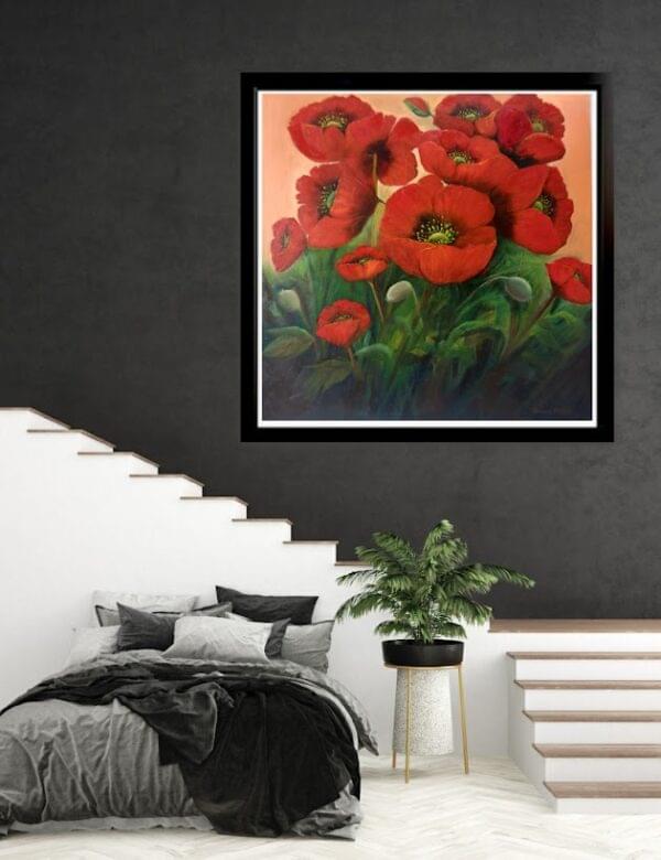 garden poppies red oil painting in room setting