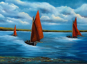 Galway hookers set sail in connemara - three boats along the wild atlantic way - oil painting Donna McGee