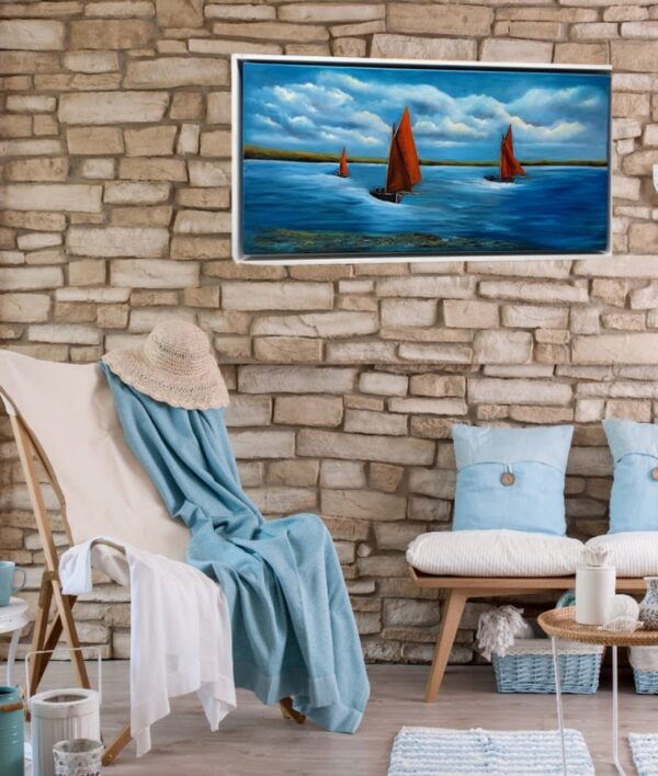 Galway hookers set sail in connemara - three boats along the wild atlantic way - oil painting Donna McGee