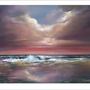 Harmony - a limited edition print of a peaceful seascape on the coast of Ireland. Pink sunset with reflections of the sky on the seashore. Soft rolling waves