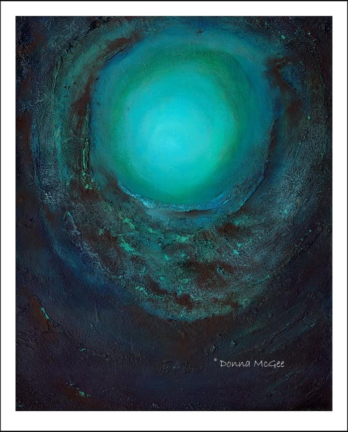 "Limited edition print of an abstract painting titled 'Vortex.' The artwork features captivating aqua blue hues and intricate textures, creating a dynamic visual experience."Vortex limited edition giclee print of original abstract irish art 20 x 16 inches