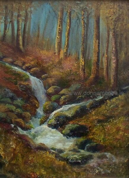 oil painting Cruagh Wood weaves the story of a soft, rain-soaked ground that houses a gentle, meandering river. The water courses down the mountainside, etching its mark along the way. Its fluid journey narrates tales of resilience and transformation, mirroring life’s journey itself.