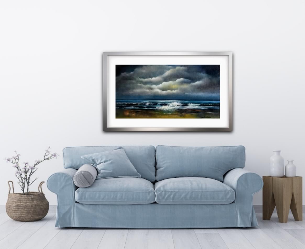 Escape the everyday with “Eternal Calm,” a captivating oil painting that embodies the serenity of the Irish coast. As the sun dips below the horizon, gentle waves lap against the shore, creating a symphony of peace. This breathtaking seascape, captured on the Wild Atlantic Way, will transport you to a tranquil haven.