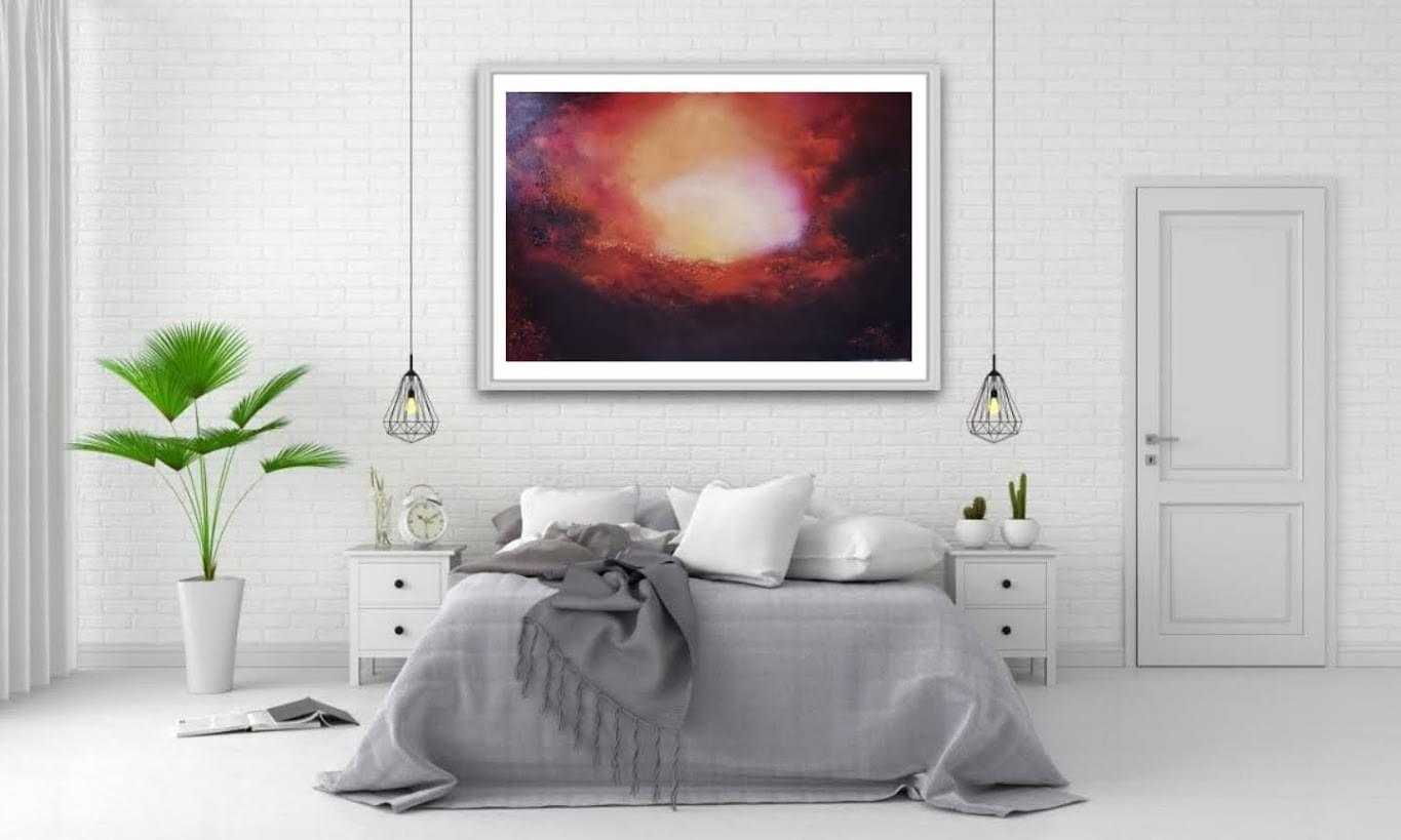 Glowing light abstract oil painting red in room setting