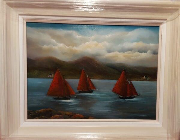 galway hooker boats at roundstone oil painting 24x18 inches - irish art