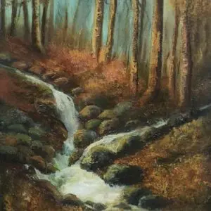 oil painting Cruagh Wood weaves the story of a soft, rain-soaked ground that houses a gentle, meandering river. The water courses down the mountainside, etching its mark along the way. Its fluid journey narrates tales of resilience and transformation, mirroring life’s journey itself.