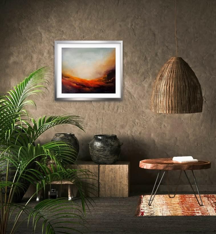 Daybreak abstract oil painting in a room setting