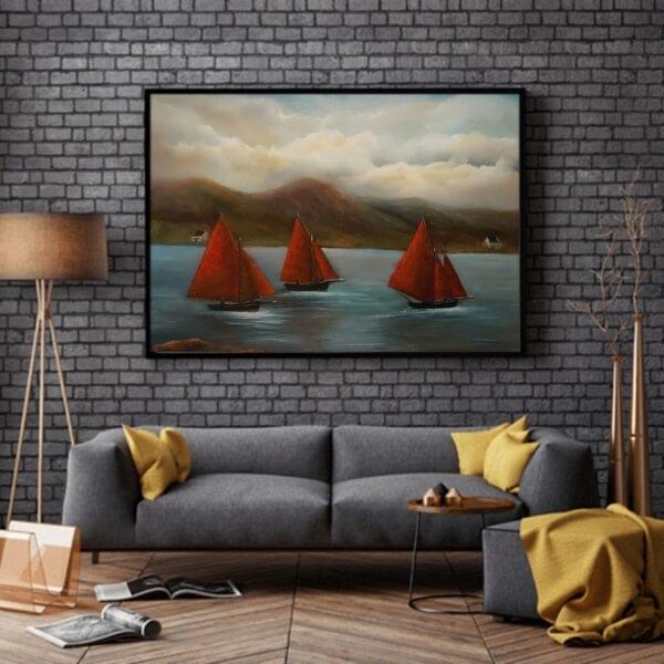 galway hooker boats oil painting at roundstone, co. galway in room setting - irish art