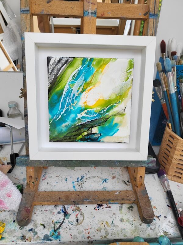 twisted seaweed encaustic painting in blue green yellow and white interlocking lace