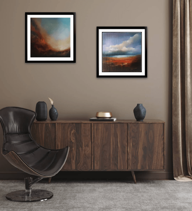 Transcendence Series of oil paintings abstract in room setting
