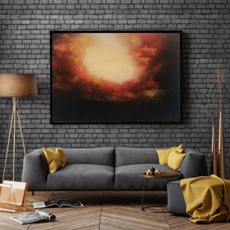 glowing light abstract oil painting in room view