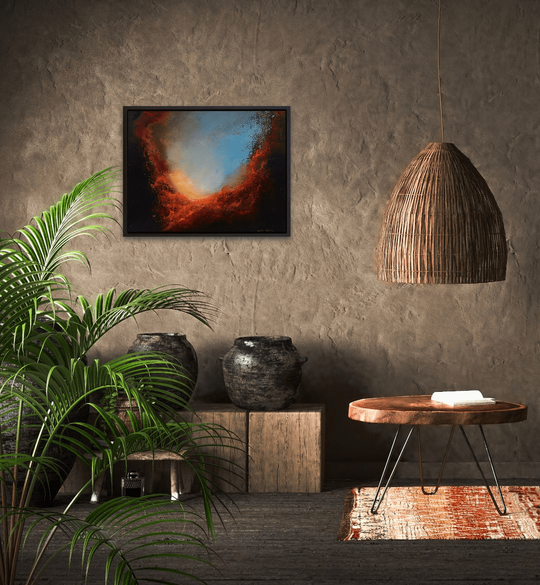 transcending light abstract oil painting in a room view