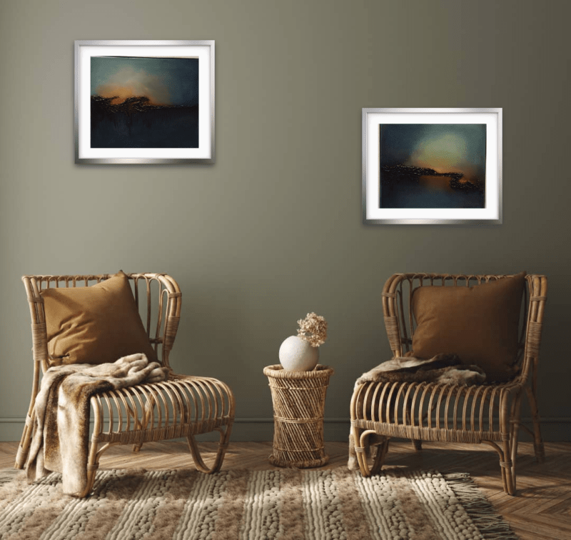 ember glow series of abstract oil paintings in room setting