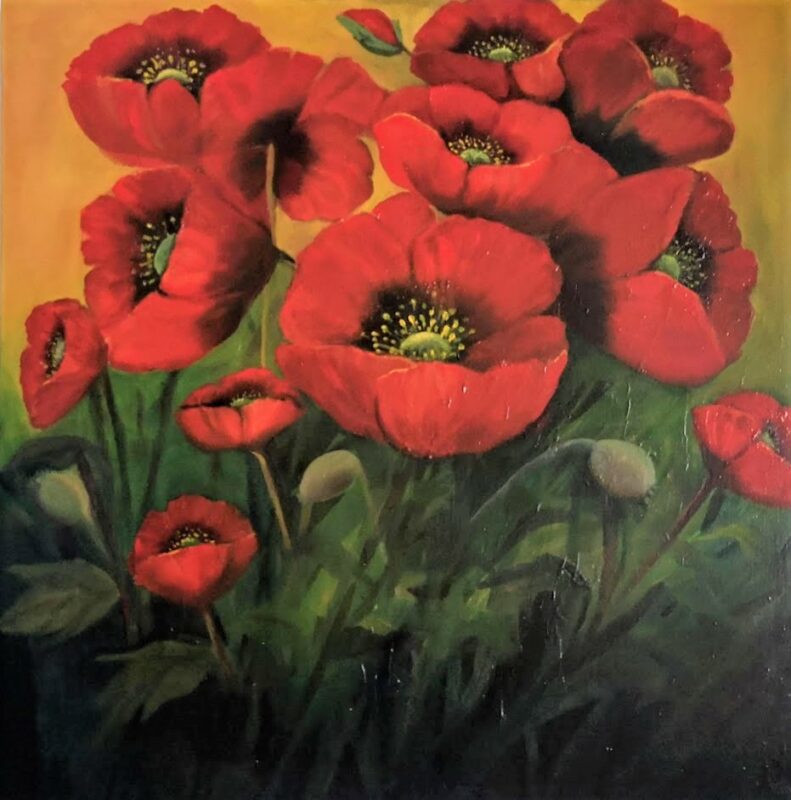 Seeing Red for Christmas Garden Poppies 70x70 cms oil on canvas - irish landscape art