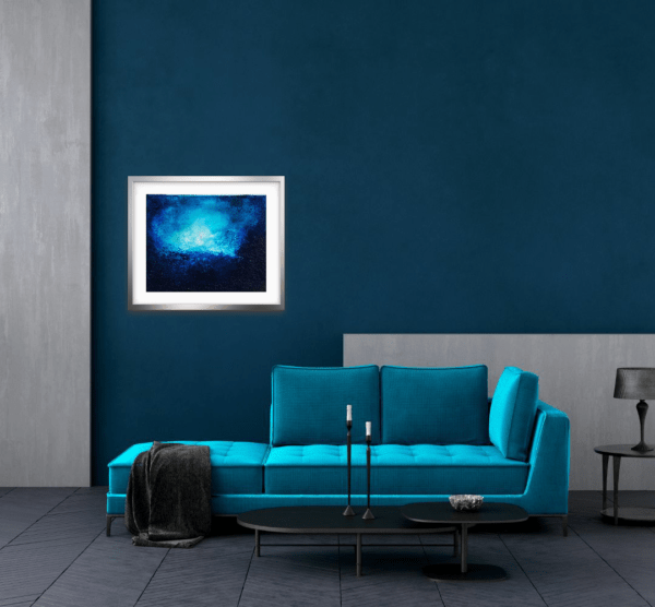 blue chasm is an abstract oil painting on block canvas and framed in a contemporary box frame
