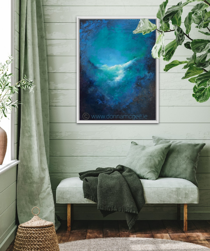 natures blue abstract oil painting in room setting