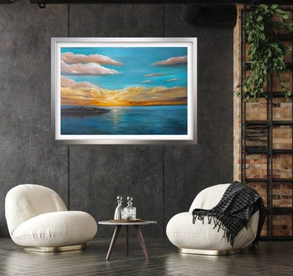 dalkey island oil painting 30 x 40 inches large statement piece in room setting