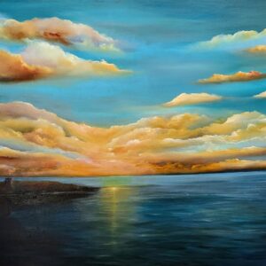 Dalkey Island View with golden sunset reflecting on water - oil painting by Donna McGee