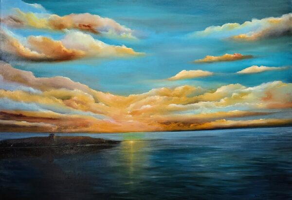 Dalkey Island View with golden sunset reflecting on water - oil painting by Donna McGee
