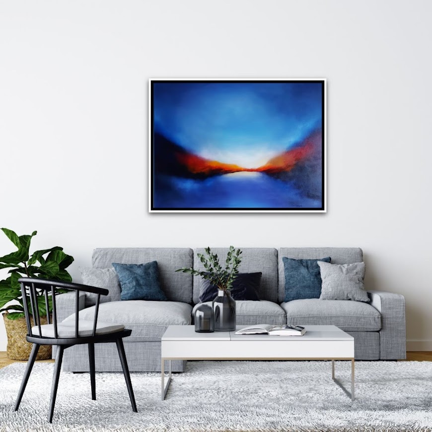 blue incandescence 30x40 inch abstract oil painting in room setting