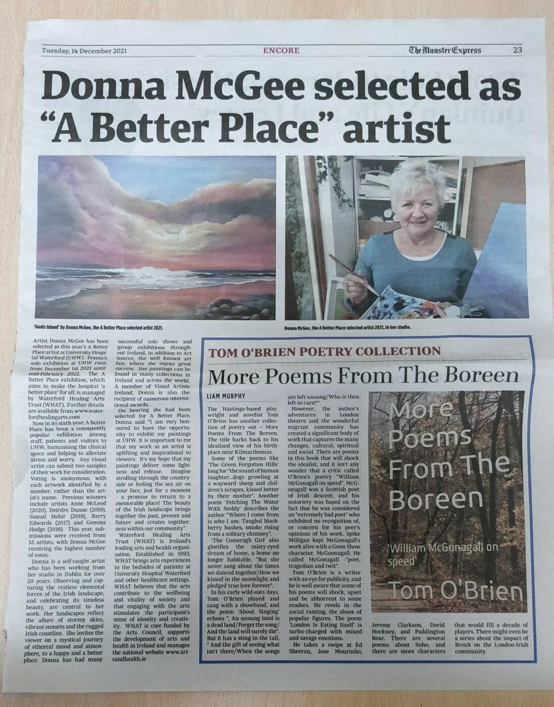 Press clippings Munster Express Donna McGee Selected for A better Place Art Exibition at Waterfore University Hospital