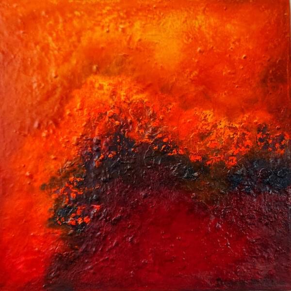 smouldering depths abstract painting 12 x 12 inches depicting heat and energy and warm glow