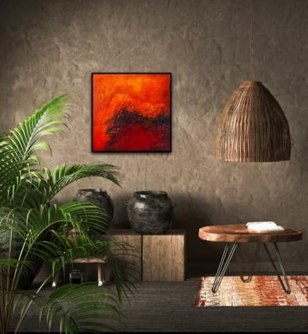 smouldering depths is a richly textured oil painting heat with the flameless combustion of these mesmerizing colours adding warmth and energy to your space. abstract oil by donna mcgee