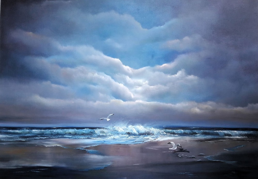 Atlantic Call Oil paintingof evening sky over the ocean and the seagulls