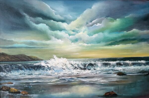 Keel Beach Oil paintng by donna mcgee - sea rolling in to shore with a blue cloudy sky