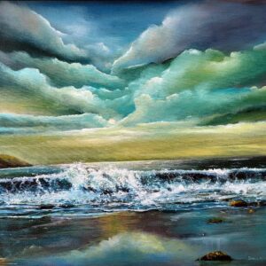 Keel Beach painting in oil as the sun goes down with rolling waves and sunset sky - Donna McGee