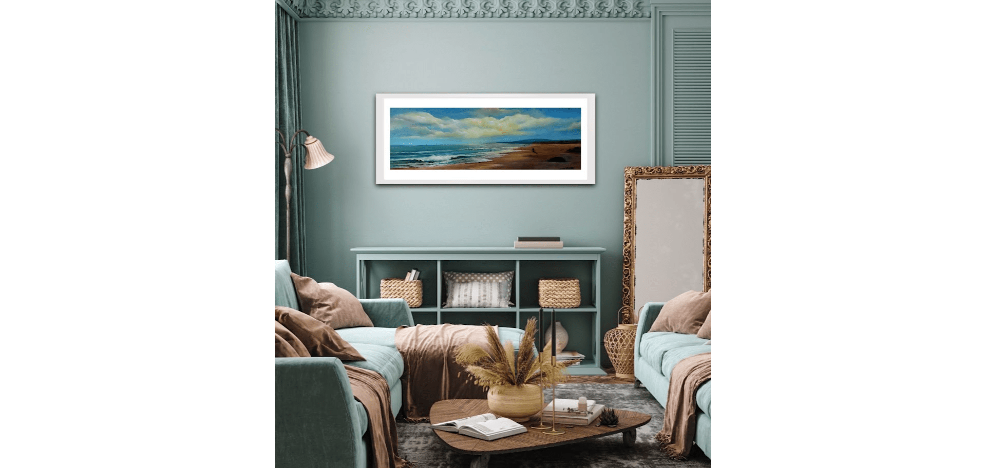 brittas bay oil painting in room setting