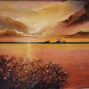 sunlit poolbeg chimneys light up a dublin sky over dublin bay - oil painting by donna mcgee