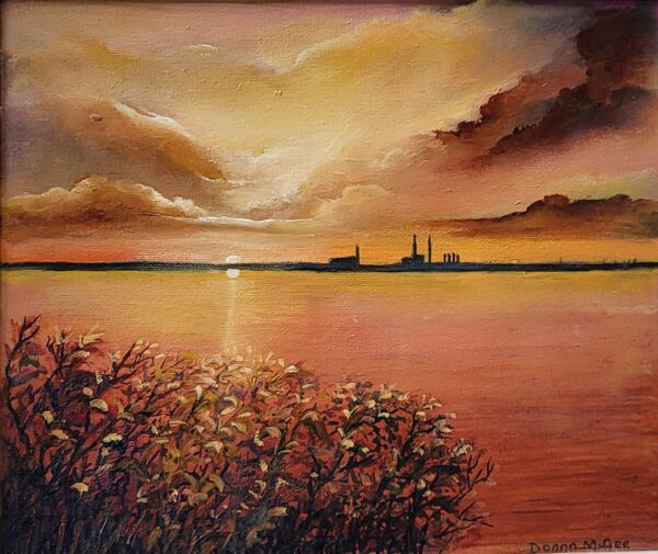 sunlit poolbeg chimneys light up a dublin sky over dublin bay - oil painting by donna mcgee