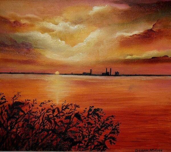 Sunlit poolbeg chimneys oil painting of an orange scorching sunset in Dun Laoghaire
