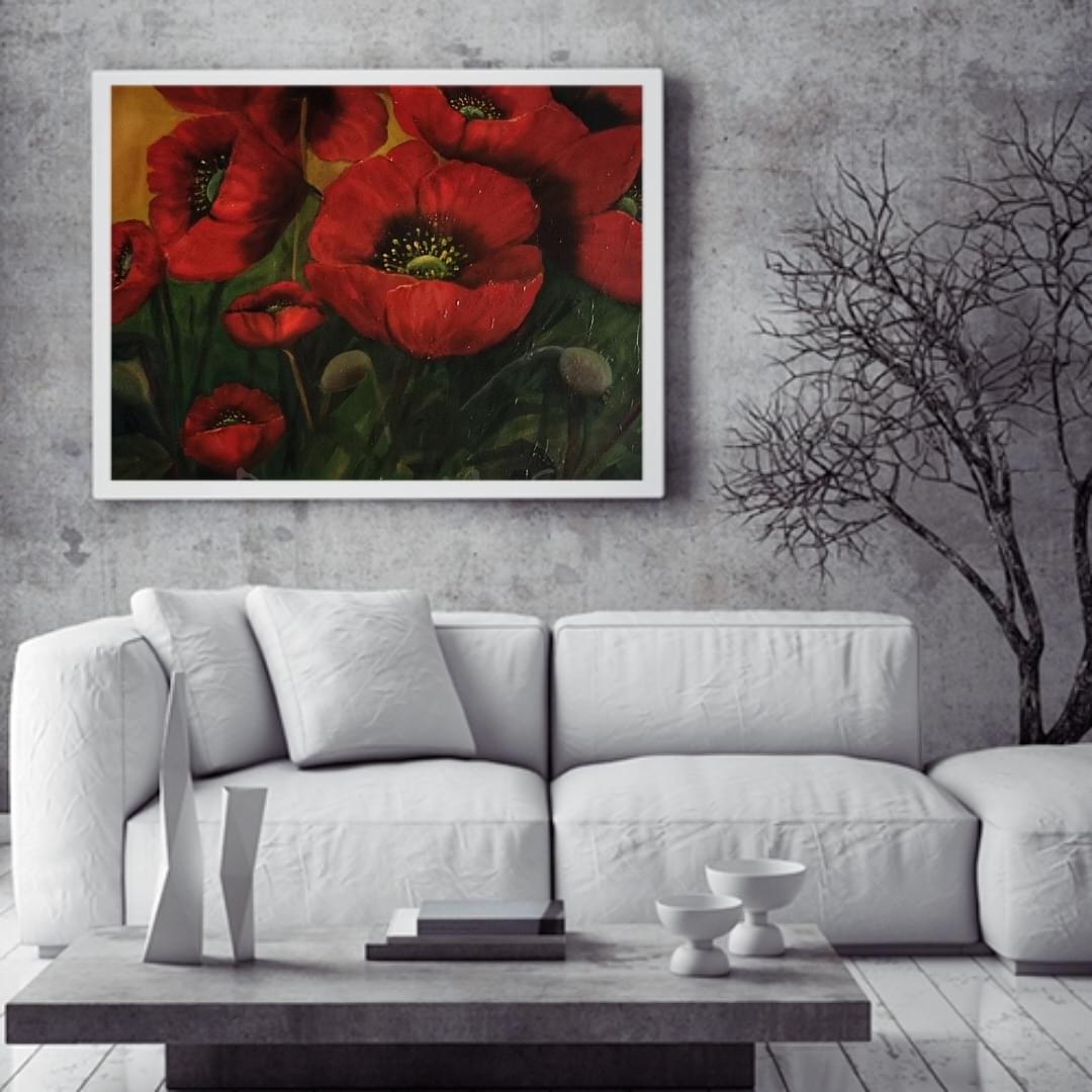 garden poppies in bright red colour oil painting