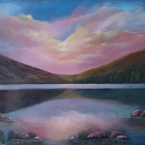 twilight echoes of glendalough upper lake oil painting by Donna mcgee with pink sunset large statement piece of art