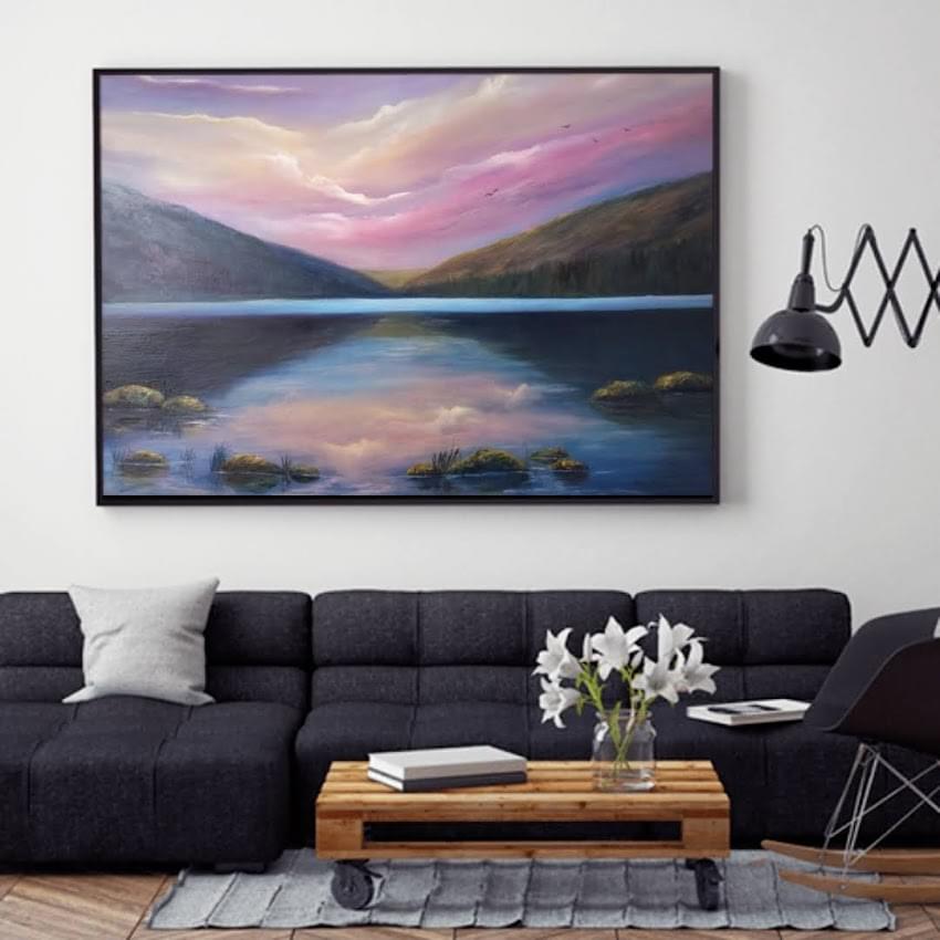 Choosing great art for your home -Glendalough upper lake in Wicklow - Oil painting with pink sunset