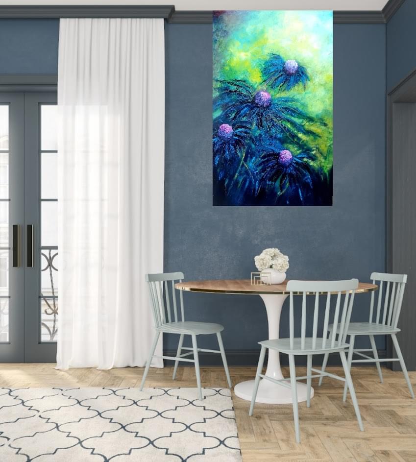 Reaching for the sun abstract oil painting of blue and purple flowers