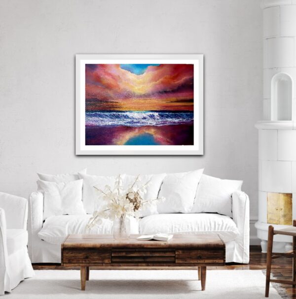 celestial horizons 30x40 inches oil painting of large seascape with magenta sky and rolling waves