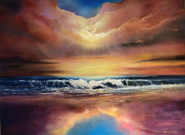 celestial horizons 30x40 inches oil painting of large seascape with magenta sky and rolling waves