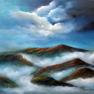 mystic peaks - a view of majestic mountains over Ireland swirling in soft clouds by donna mcgee