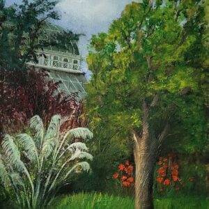 botanic haven oil painting of glasshouse in Botanical Gardens Dublin by Donna McGee