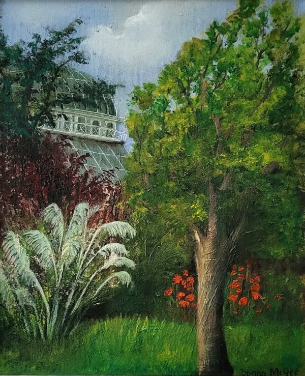 botanic haven oil painting of glasshouse in Botanical Gardens Dublin by Donna McGee