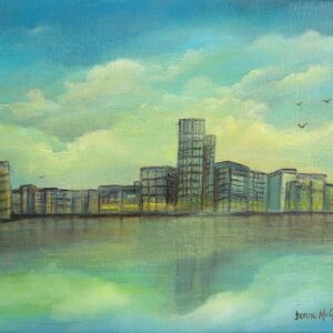 capital dock in the centre of dublin with reflections on the water liffey - oil painting donna mcgee